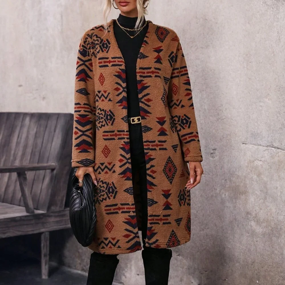 Brown Preppy Womens Geo Print Drop Shoulder Open Front Coat - Picture 1 of 5
